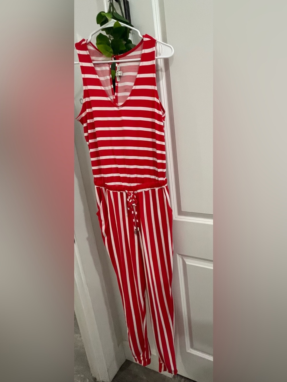 Haute Monde-Red and White Striped One-Piece Jumpsuit